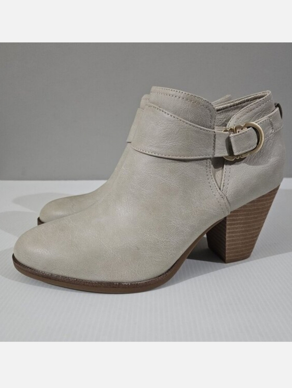 Dr Scholls Kickstart Ankle Bootie Womens 9.5 Taupe Block Heel Buckle Neutral NEW
